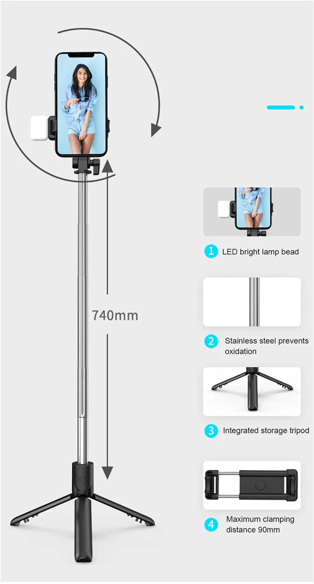 ViralSelfiePro – Palo de Selfie Bluetooth retráctil con luz y control remoto